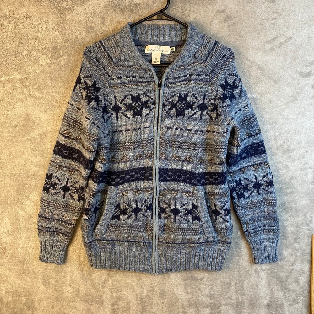 H&M Cardigan Women L L.O.G.G. Blue Fair Isle Knit Zip Up EUC